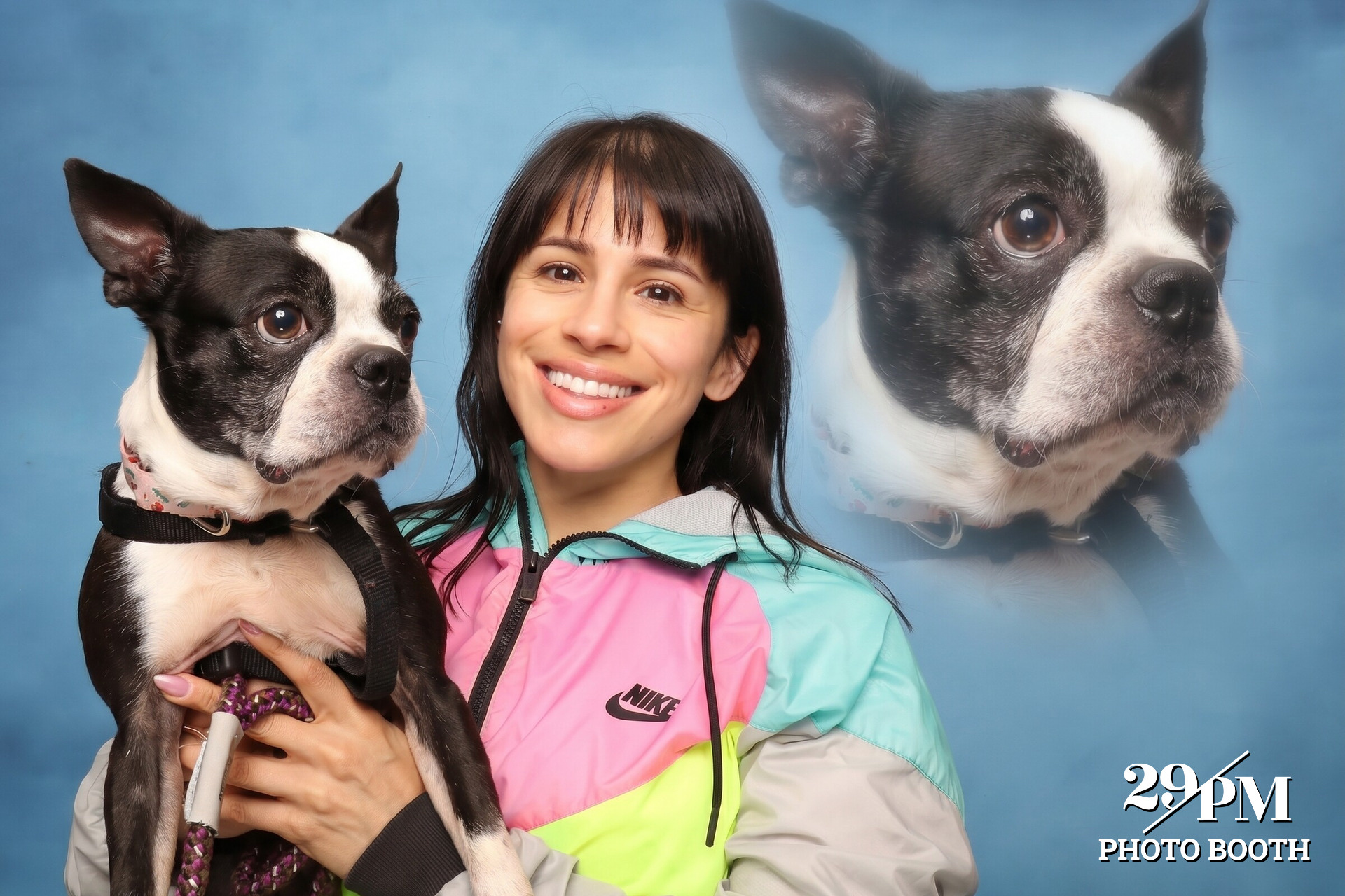 AI-enhanced portrait of a woman and her dog with a larger dog portrait in the background